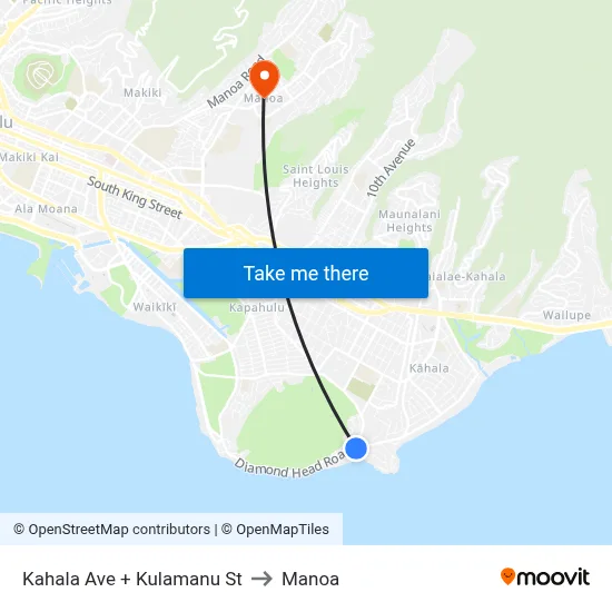 Kahala Ave + Kulamanu St to Manoa map