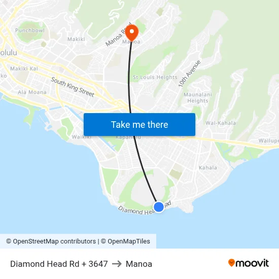 Diamond Head Rd + 3647 to Manoa map