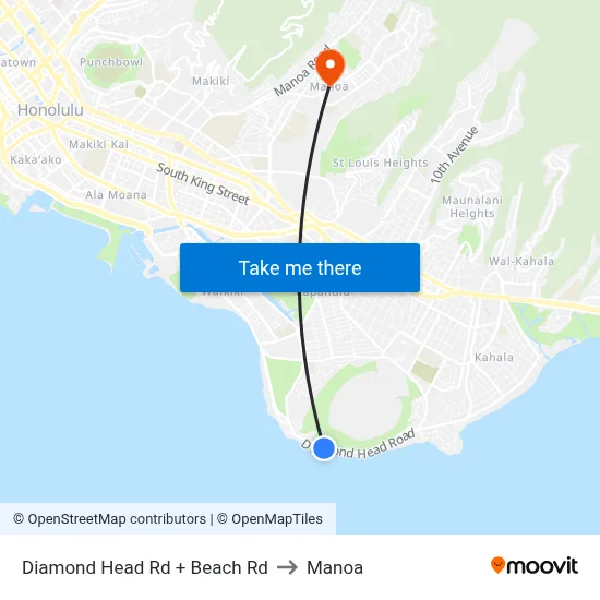 Diamond Head Rd + Beach Rd to Manoa map