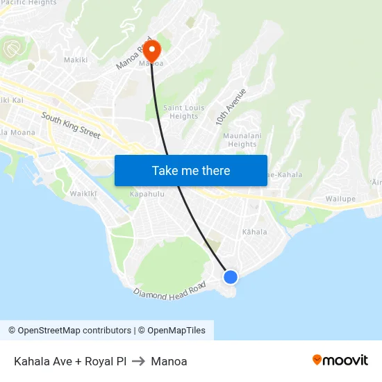 Kahala Ave + Royal Pl to Manoa map
