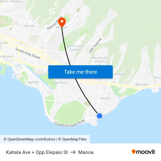 Kahala Ave + Opp Elepaio St to Manoa map