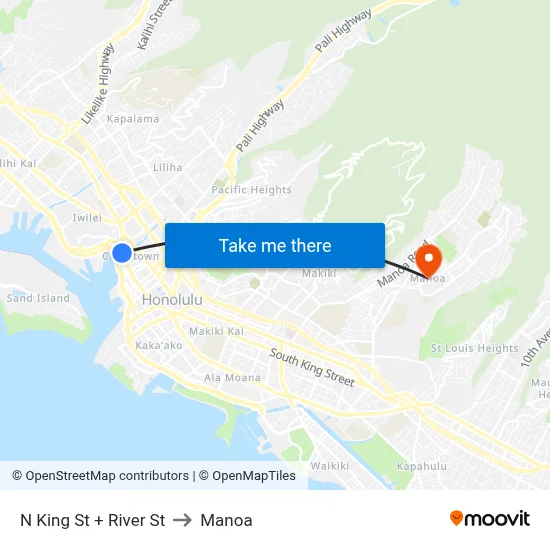 N King St + River St to Manoa map