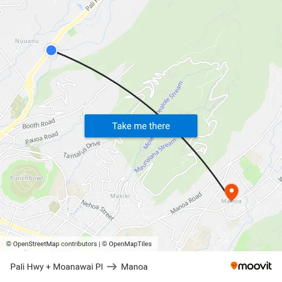 Pali Hwy + Moanawai Pl to Manoa map
