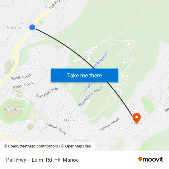 Pali Hwy + Laimi Rd to Manoa map