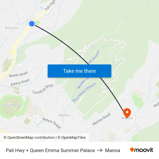 Pali Hwy + Queen Emma Summer Palace to Manoa map