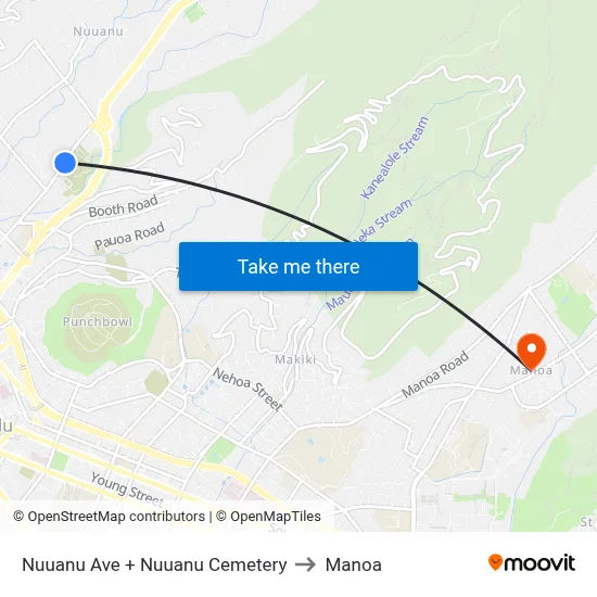 Nuuanu Ave + Nuuanu Cemetery to Manoa map