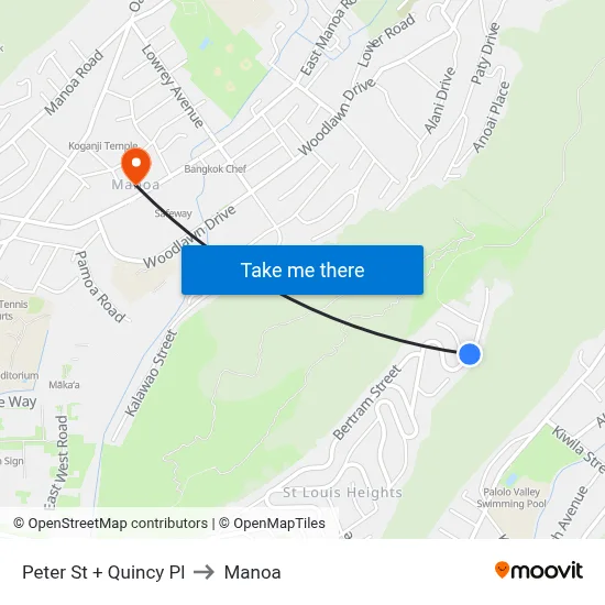 Peter St + Quincy Pl to Manoa map