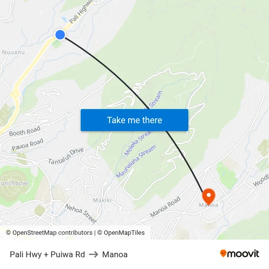 Pali Hwy + Puiwa Rd to Manoa map