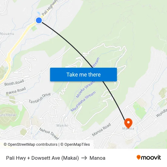 Pali Hwy + Dowsett Ave (Makai) to Manoa map