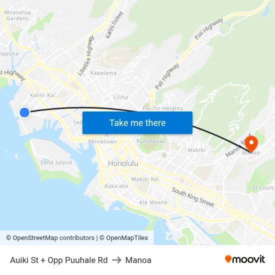 Auiki St + Opp Puuhale Rd to Manoa map