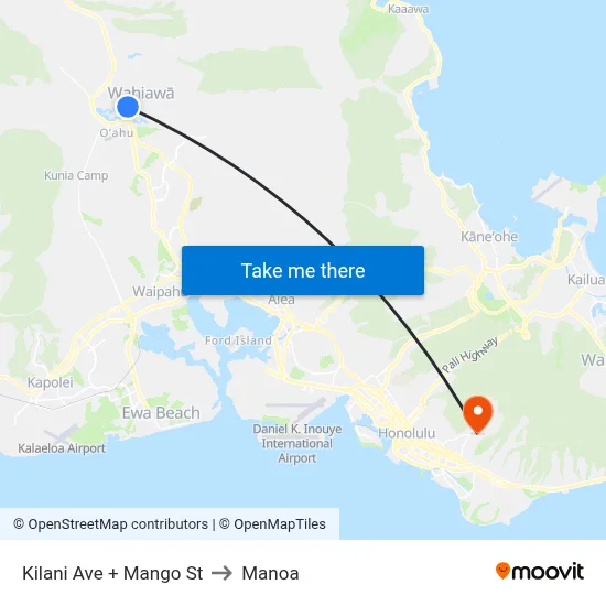 Kilani Ave + Mango St to Manoa map