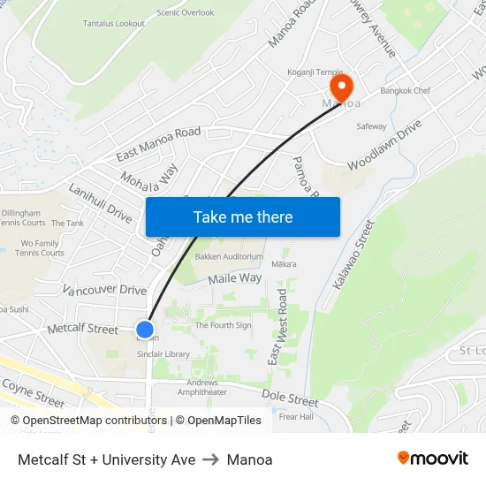 Metcalf St + University Ave to Manoa map