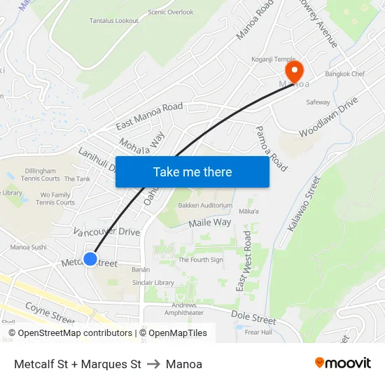 Metcalf St + Marques St to Manoa map