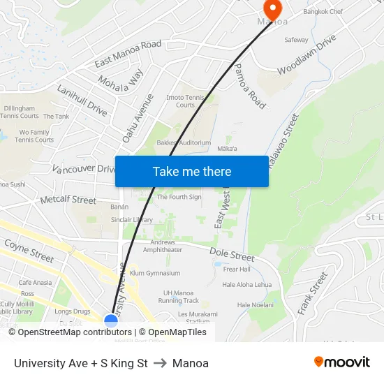 University Ave + S King St to Manoa map