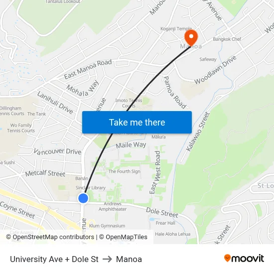 University Ave + Dole St to Manoa map