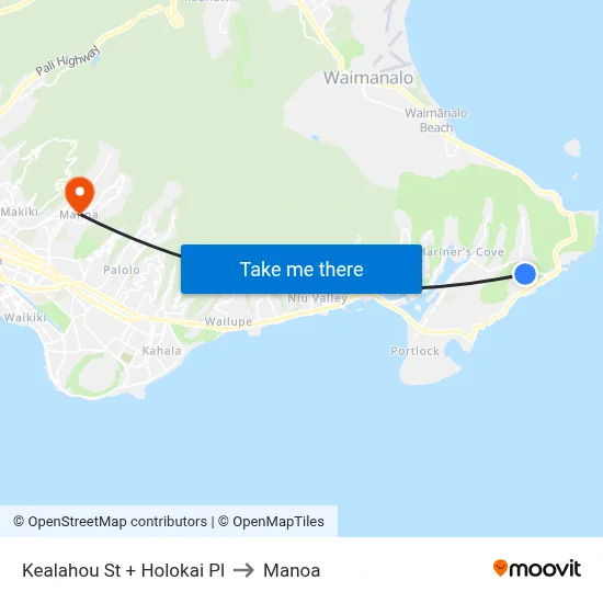 Kealahou St + Holokai Pl to Manoa map
