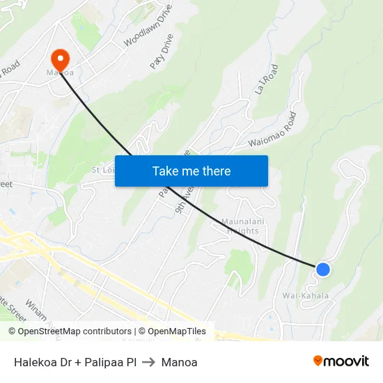 Halekoa Dr + Palipaa Pl to Manoa map