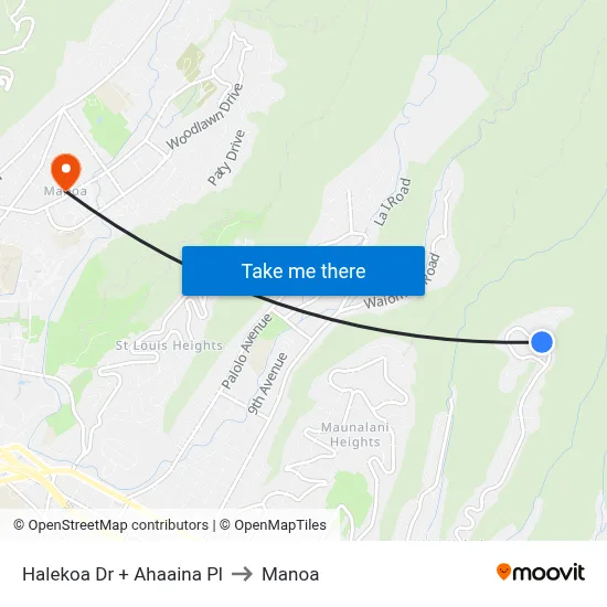Halekoa Dr + Ahaaina Pl to Manoa map