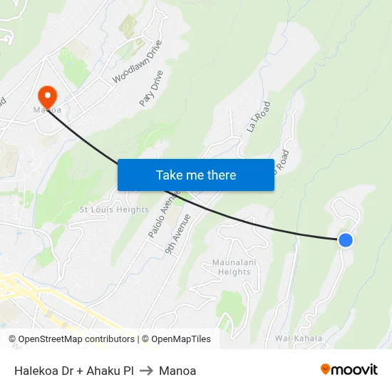 Halekoa Dr + Ahaku Pl to Manoa map
