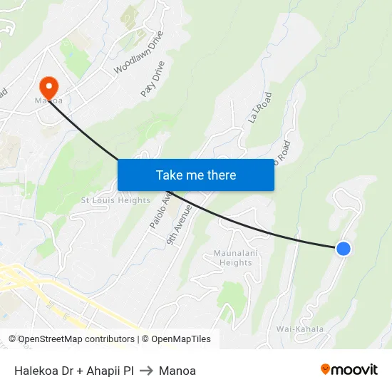 Halekoa Dr + Ahapii Pl to Manoa map