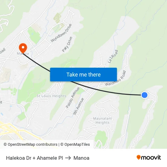 Halekoa Dr + Ahamele Pl to Manoa map