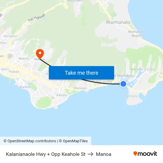 Kalanianaole Hwy + Opp Keahole St to Manoa map
