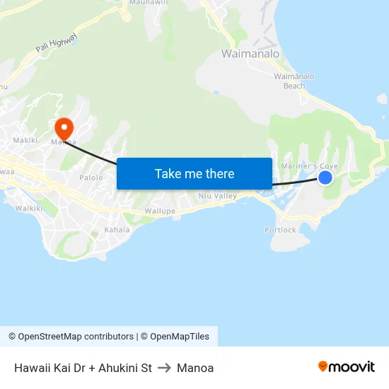 Hawaii Kai Dr + Ahukini St to Manoa map