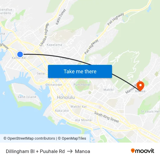Dillingham Bl + Puuhale Rd to Manoa map
