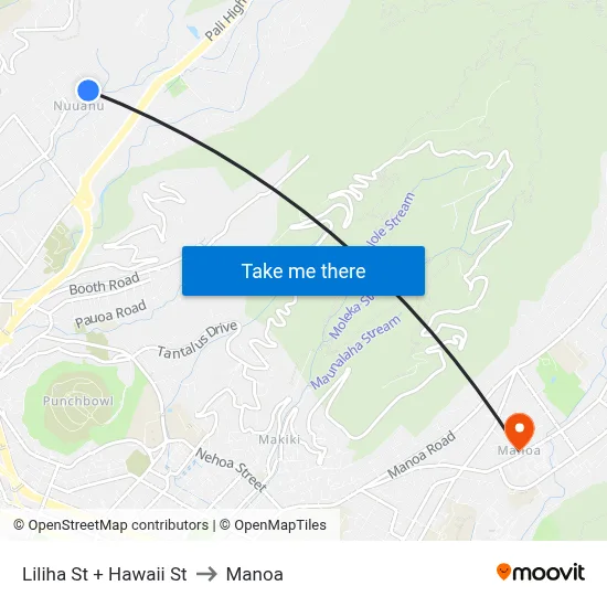 Liliha St + Hawaii St to Manoa map