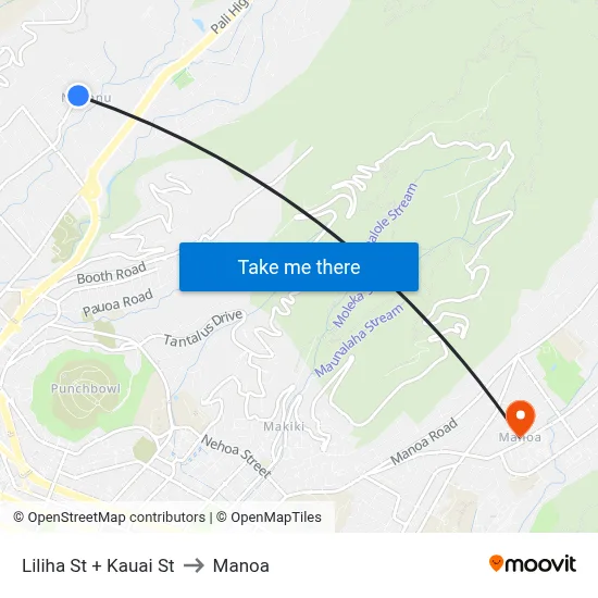 Liliha St + Kauai St to Manoa map