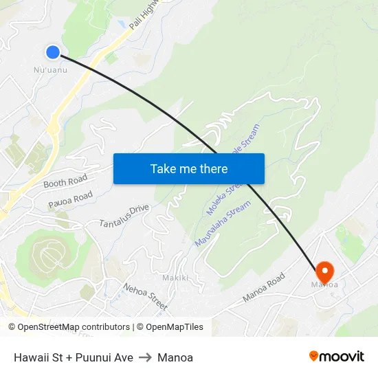 Hawaii St + Puunui Ave to Manoa map