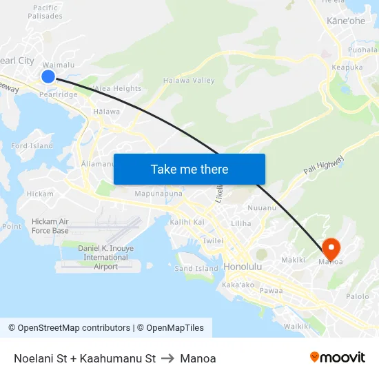 Noelani St + Kaahumanu St to Manoa map