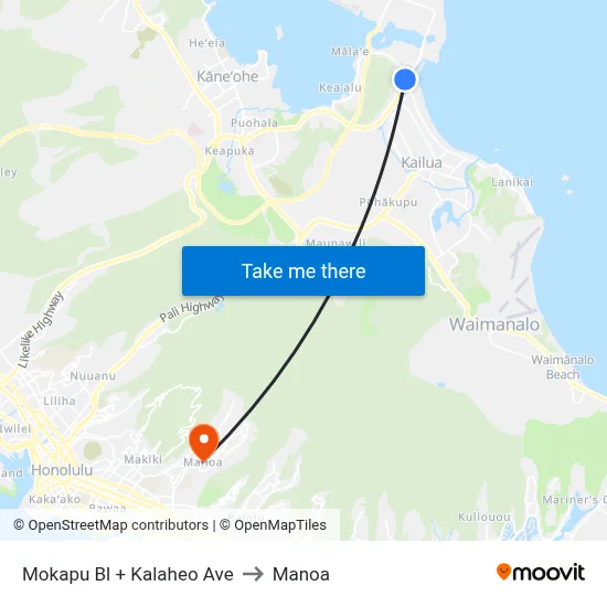 Mokapu Bl + Kalaheo Ave to Manoa map