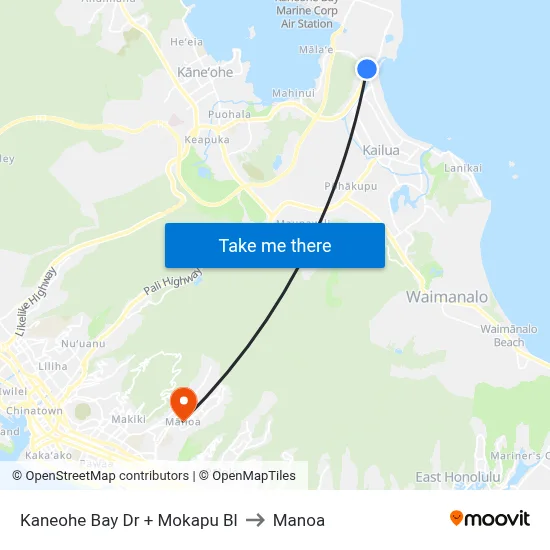 Kaneohe Bay Dr + Mokapu Bl to Manoa map
