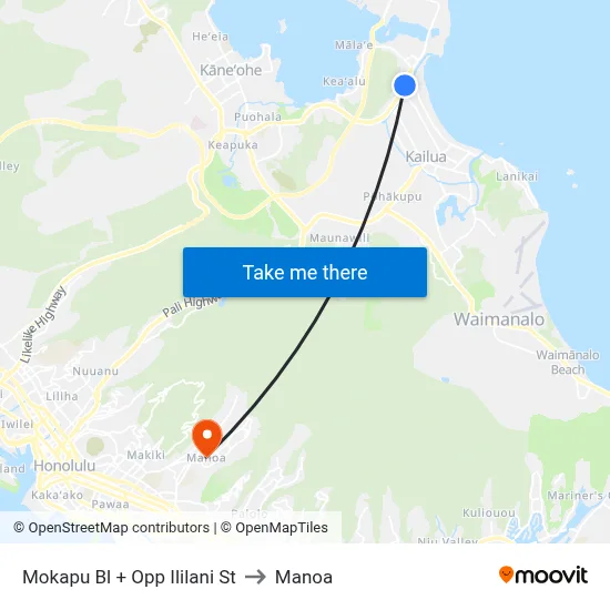 Mokapu Bl + Opp Ililani St to Manoa map