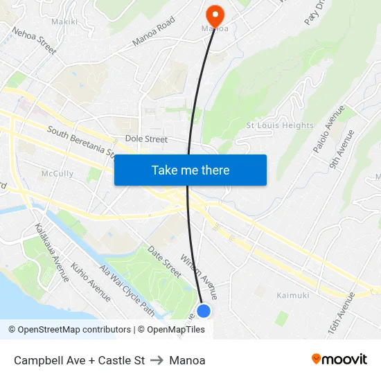 Campbell Ave + Castle St to Manoa map