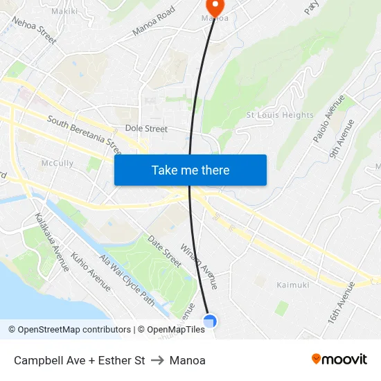Campbell Ave + Esther St to Manoa map