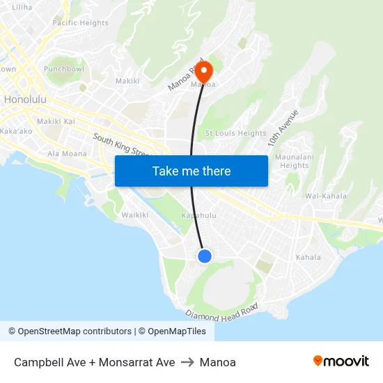 Campbell Ave + Monsarrat Ave to Manoa map