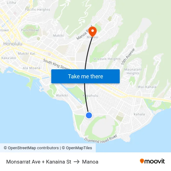 Monsarrat Ave + Kanaina St to Manoa map