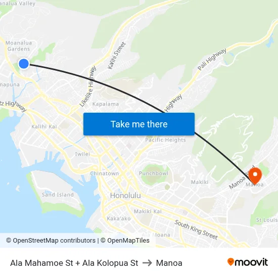 Ala Mahamoe St + Ala Kolopua St to Manoa map