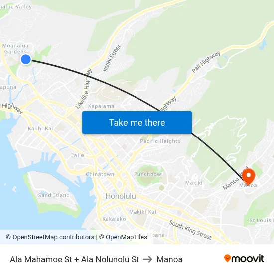 Ala Mahamoe St + Ala Nolunolu St to Manoa map