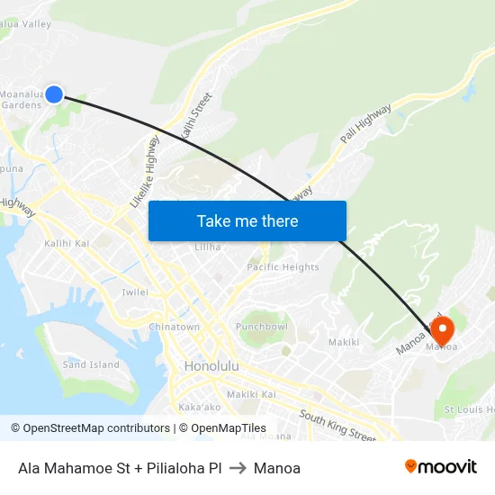Ala Mahamoe St + Pilialoha Pl to Manoa map