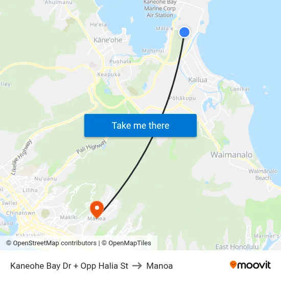 Kaneohe Bay Dr + Opp Halia St to Manoa map