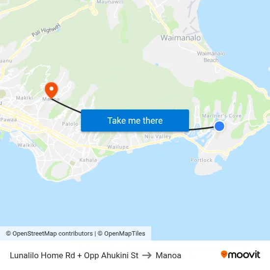 Lunalilo Home Rd + Opp Ahukini St to Manoa map