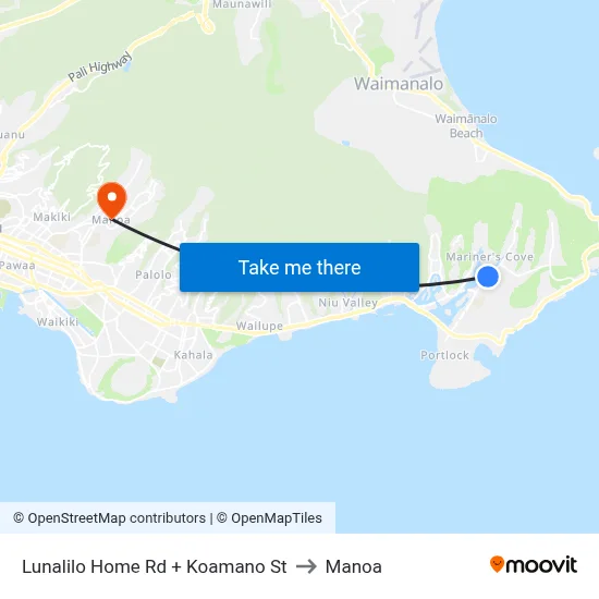 Lunalilo Home Rd + Koamano St to Manoa map