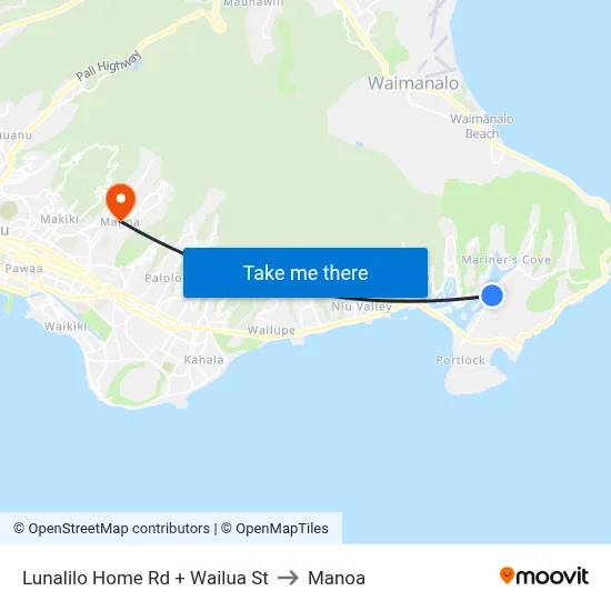 Lunalilo Home Rd + Wailua St to Manoa map