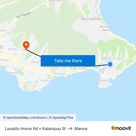Lunalilo Home Rd + Kalanipuu St to Manoa map