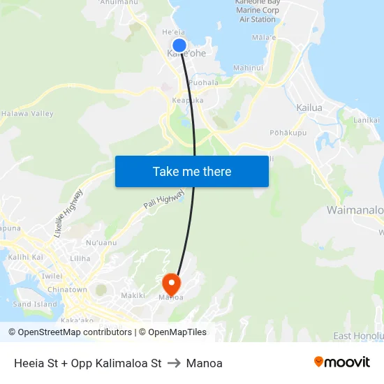 Heeia St + Opp Kalimaloa St to Manoa map