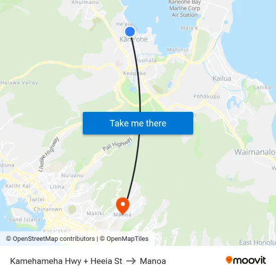 Kamehameha Hwy + Heeia St to Manoa map