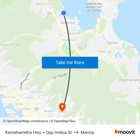 Kamehameha Hwy + Opp Imiloa St to Manoa map